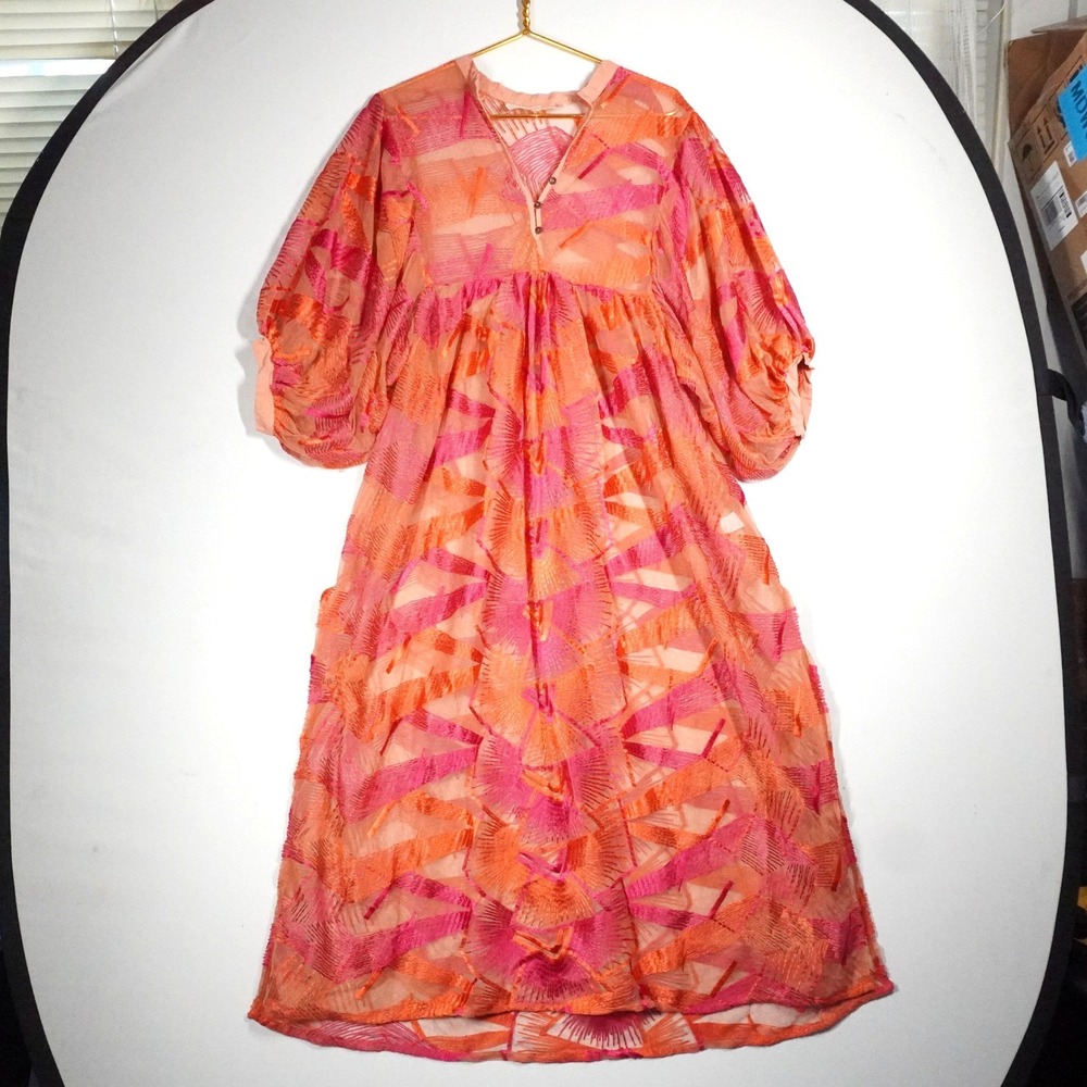 Jens Pirate Booty Maxi Coverup Sheer Dress S Pink Orange Embroider Boho Festival